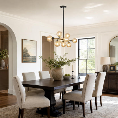 Linear Sputnik Dining Chandelier (Black + Amber / 9-Light 40 Inch)