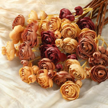 30Pcs Ranunculus Artificial Flowers Fall Faux Silk Mini Ranunculus (Maple Orange&burgundy&mocha Brown&fall Yellow)