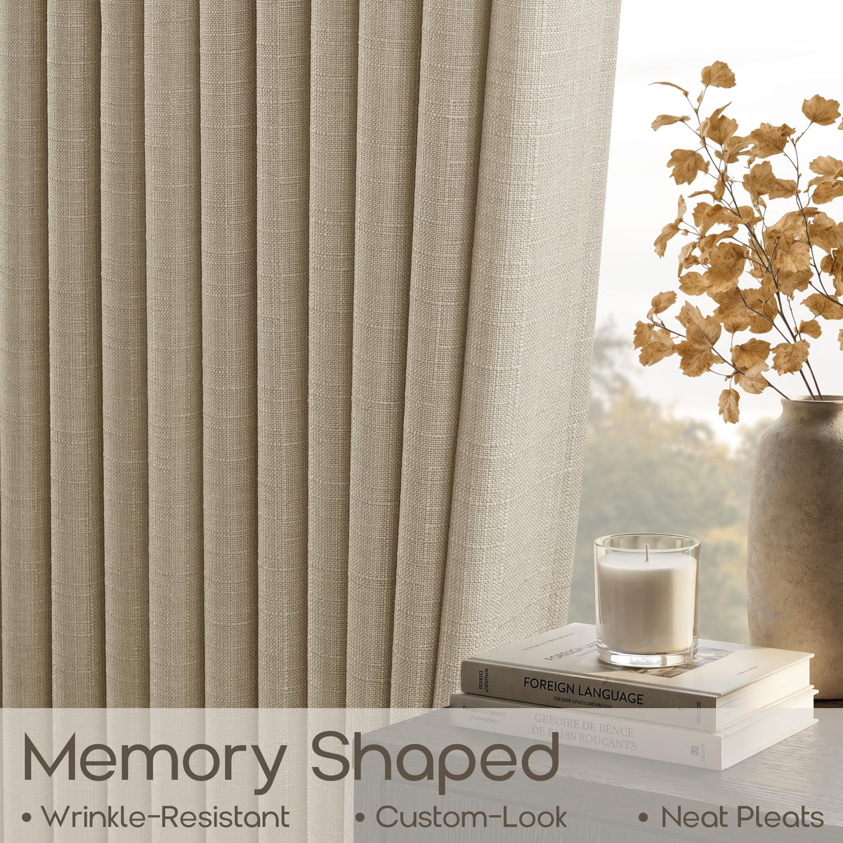 Oatmeal Thick Linen Pinch Pleat Kitchen Curtains 24 Inches Long 2 Panels (Oatmeal / 40"W x 24"L (Pack of 2))