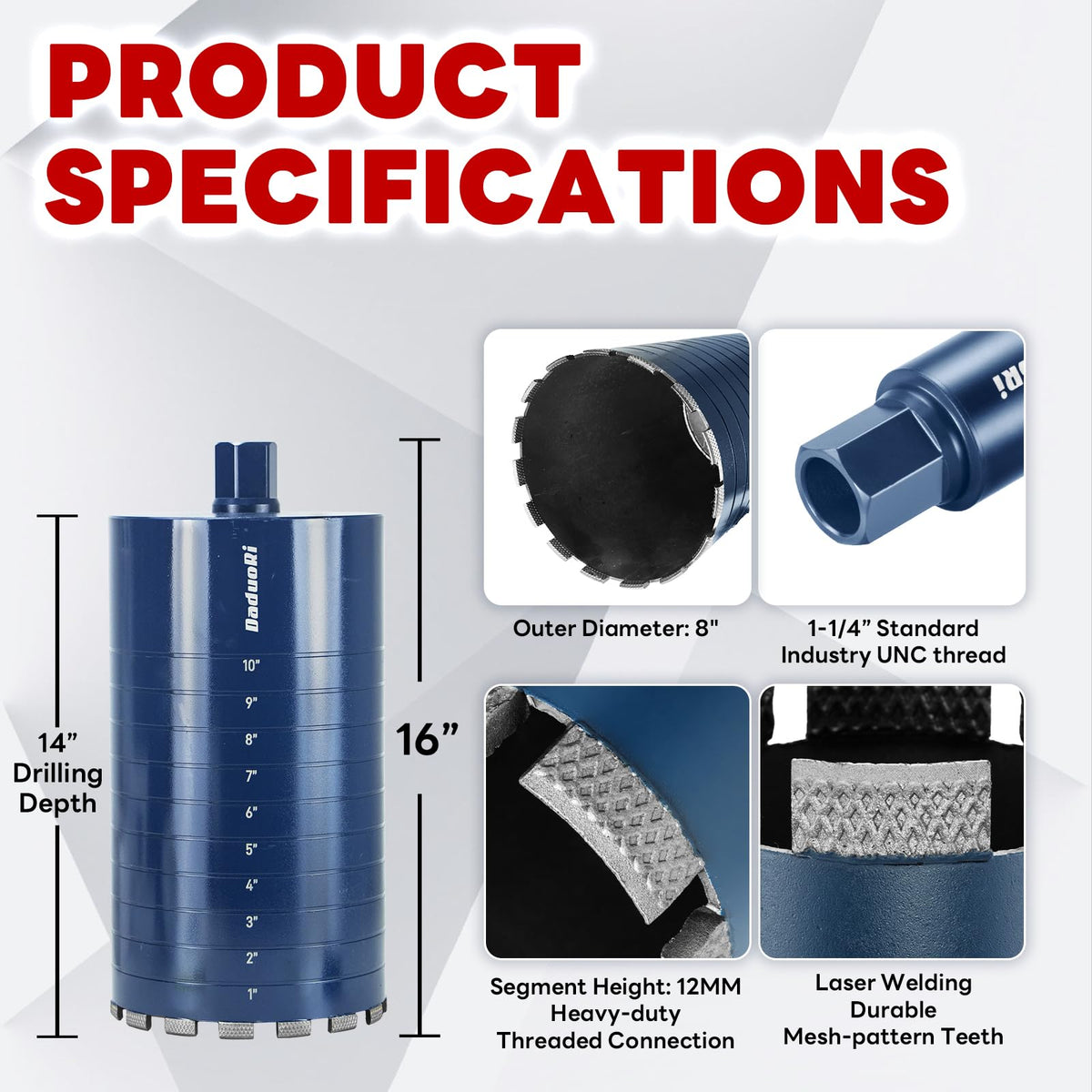 8" Core Drill Bit with Etched Depth Scale (8 Inch)
