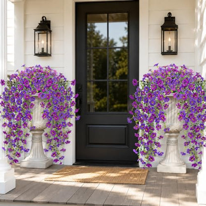 Artificial Hanging Flowers for Outdoors UV Resistant Fake Hanging Plants for Spring Decoration (Lavender / Deep Purple)