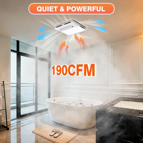 5-in-1 Bathroom Exhaust Fan with Light and Heater, Smart Humidity Sensor, 190 CFM 1.0 Sone Quiet Vent Fan, 1800W Fast Heating, 1500LM LED Light, Remote Control, UL Certified