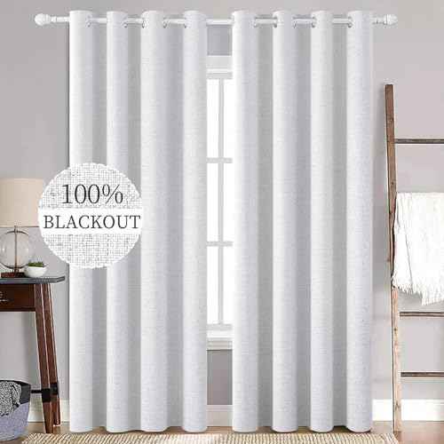 100% Blackout Linen Curtains for Bedroom 52x96 Inches Grayish White (Grayish White / 52"W x 96"L (Pack of 2))