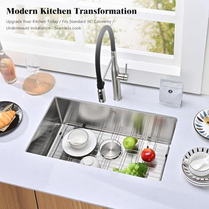 Workstation Undermount Kitchen Sink 16 Gauge Stainless Steel Ledge Single Bowl Sink with Bamboo Cutting Board Roll