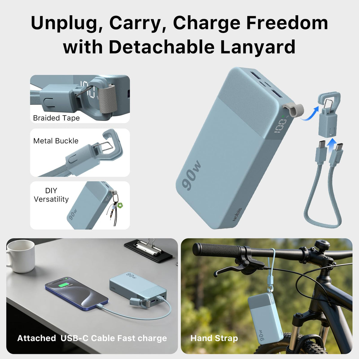 90W Portable Charger 20000mAh Power Bank with Detachable C (Blue)