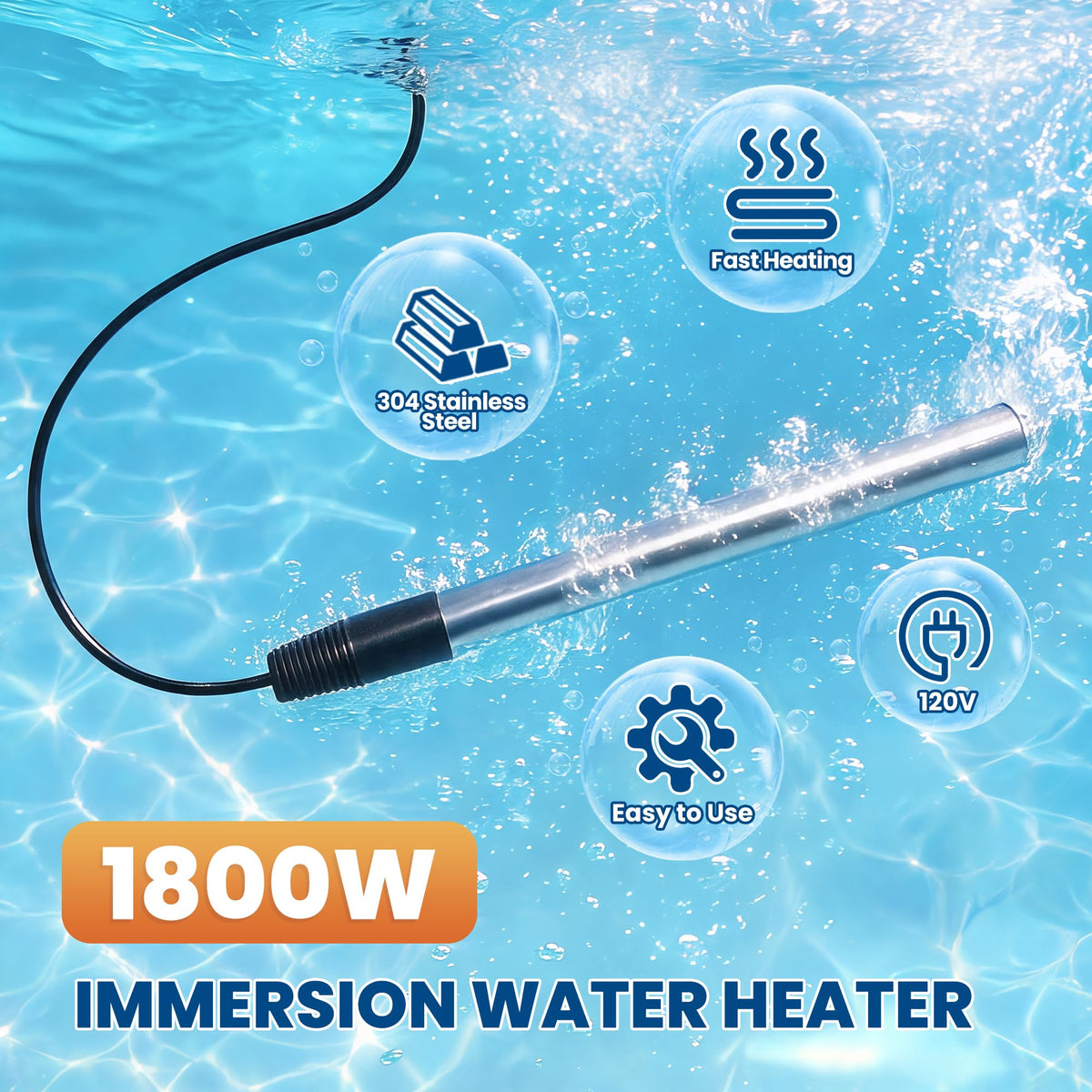 1800W 120V Portable Immersion Water Heater for Small Pool (Sliver)