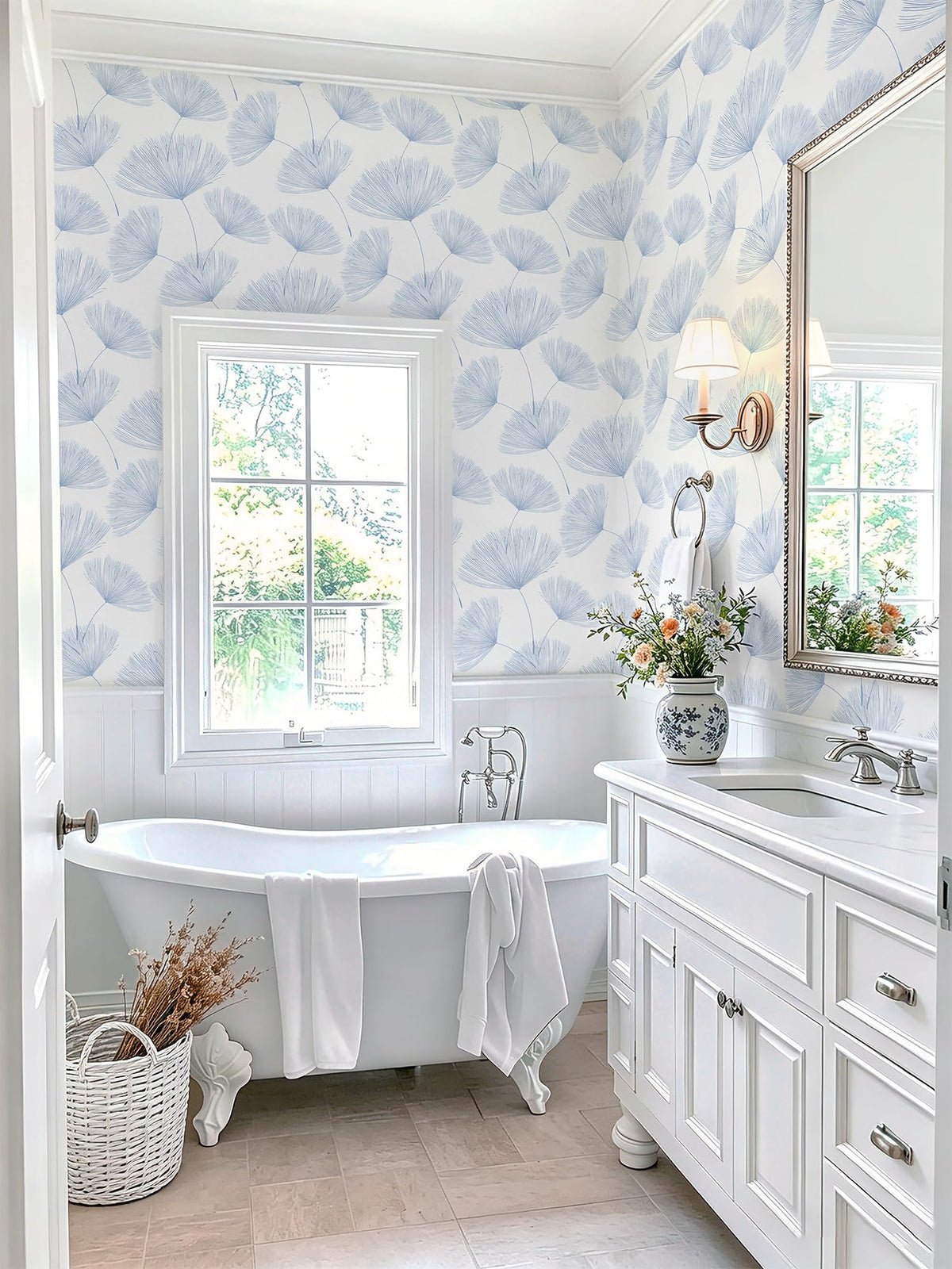 Blue and White Peel and Stick Wallpaper Dandelion 17.3in x197in Contact Paper Peel and Stick Wall Paper Modern Boho Self Adhesive Removable Vinyl Wallpaper for Bedroom Bathroom (Blue/White / 17.3" x 197")