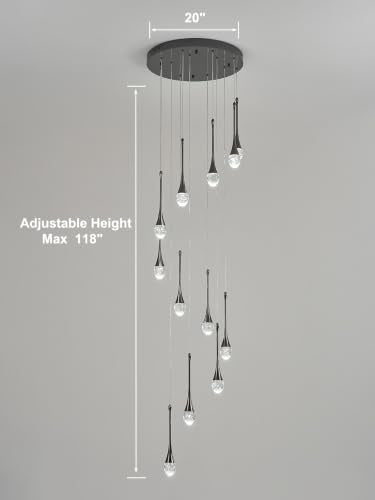 Crystal Chandelier for High Ceiling Foyer Entryway Living Room Staircase Adjustable Height LED Dimmable 2700
