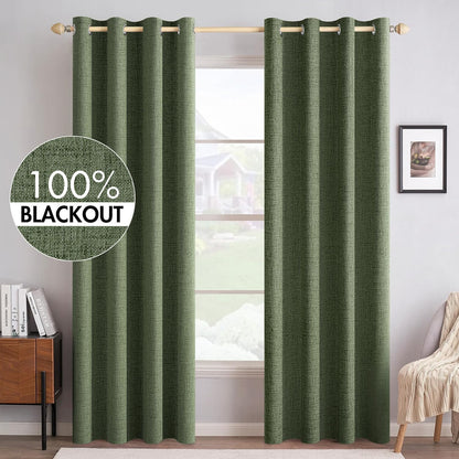 100% Blackout Linen Curtains for Bedroom 52x96 Inches Olive Green (Olive Green / 52"W x 96"L (Pack of 2))