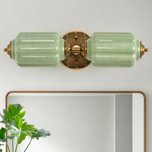 Green Glass Vintage Bathroom Vanity Light (Retro Gold & Green 1 Pack)