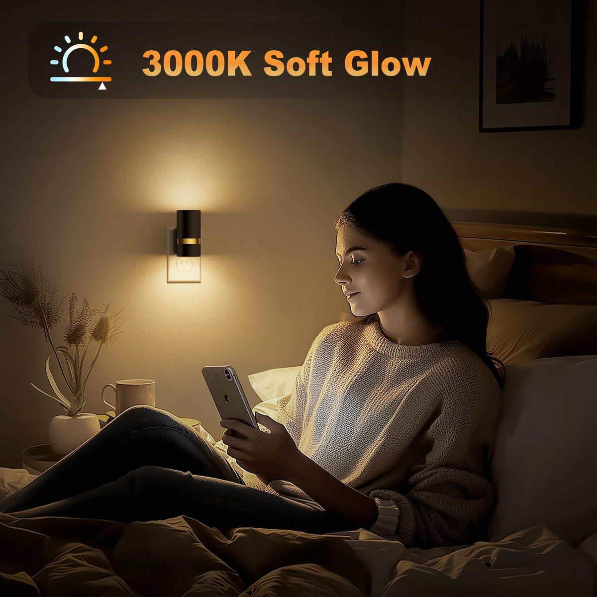 Night Lights Plug into Wall (Black-3000K / 2 Pack)