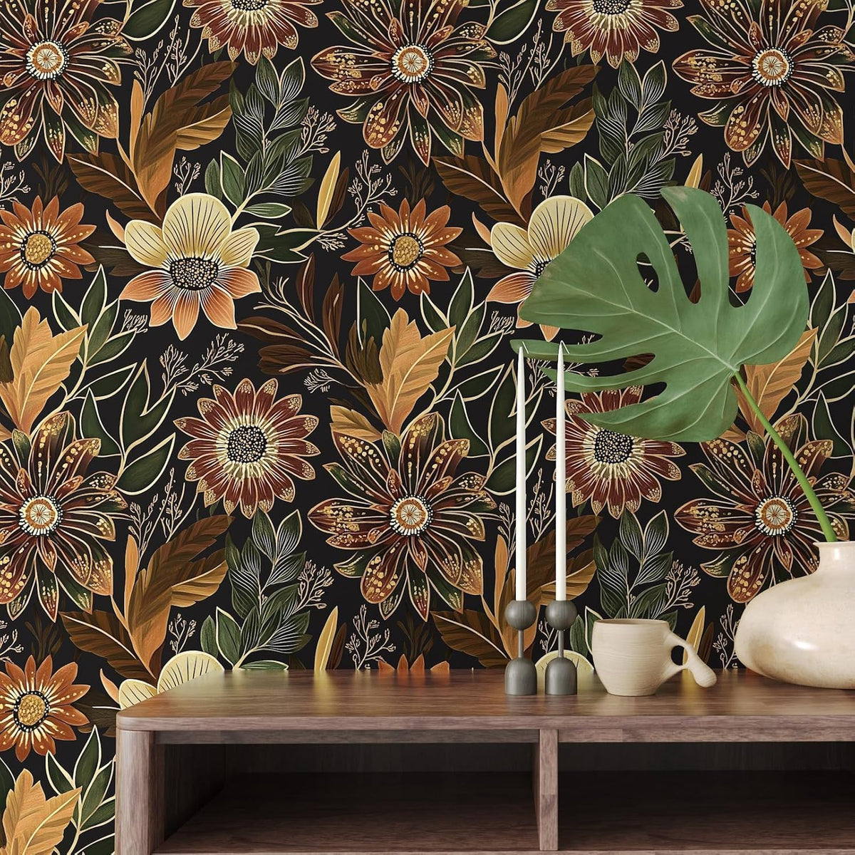 Boho Black Gold Floral Vintage Peel and Stick Wallpaper 17.4"x78.8" (Black/Brown / 17.4" x 78.8")