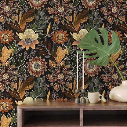 Boho Black Gold Floral Vintage Peel and Stick Wallpaper 17.4"x78.8" (Black/Brown / 17.4" x 78.8")