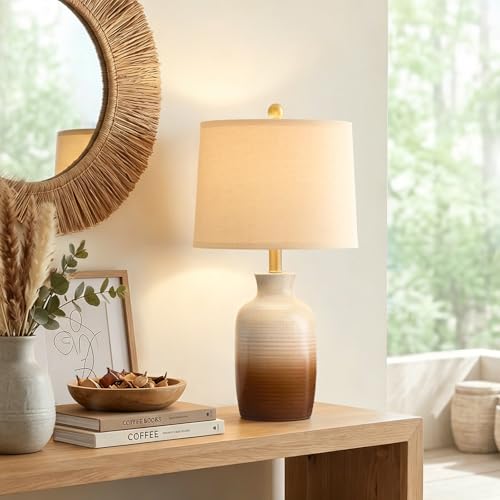 24'' Farmhouse Handcrafted Table Lamp for Living Room (Beige and Brown)