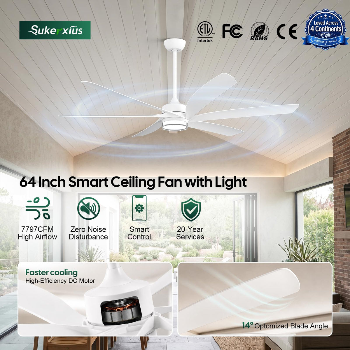 64 inch White Smart Ceiling Fan with Light (Pearl White / 64 Inch)