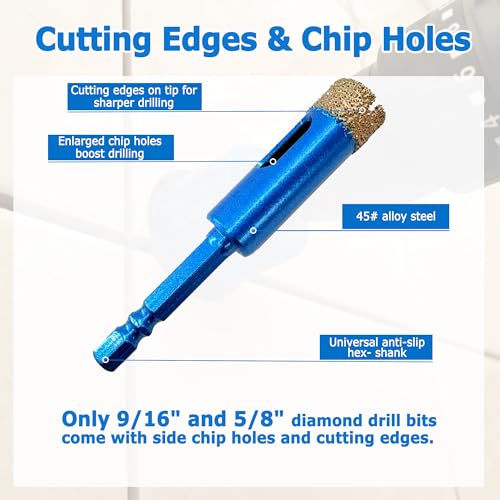 10 Pack Hex Shank Dry Diamond Drill Bits (10 Pcs 3/16"-5/8")