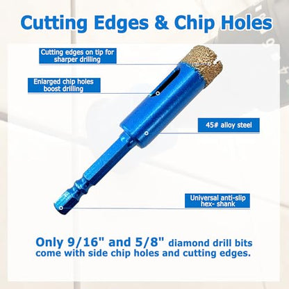 10 Pack Hex Shank Dry Diamond Drill Bits (10 Pcs 3/16"-5/8")