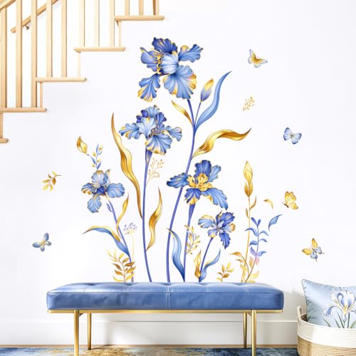 Large Purple Gold Flower Wall Decals Iris Floral Butterfly Plants Leaves Wall Stickers Peel and Stick Art Decor for Bedroom Living Room Sofa TV Background Home Furniture