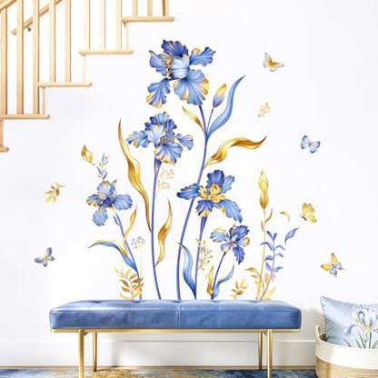 Large Purple Gold Flower Wall Decals Iris Floral Butterfly Plants Leaves Wall Stickers Peel and Stick Art Decor for Bedroom Living Room Sofa TV Background Home Furniture