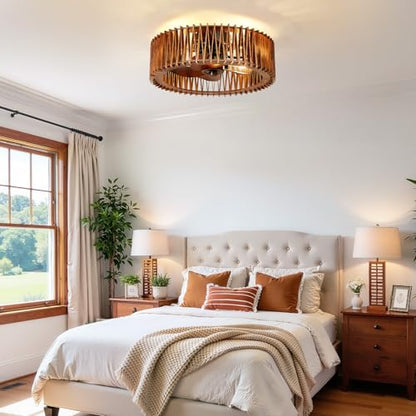 20" Wooden Flush Mount Caged Ceiling Fan with Light