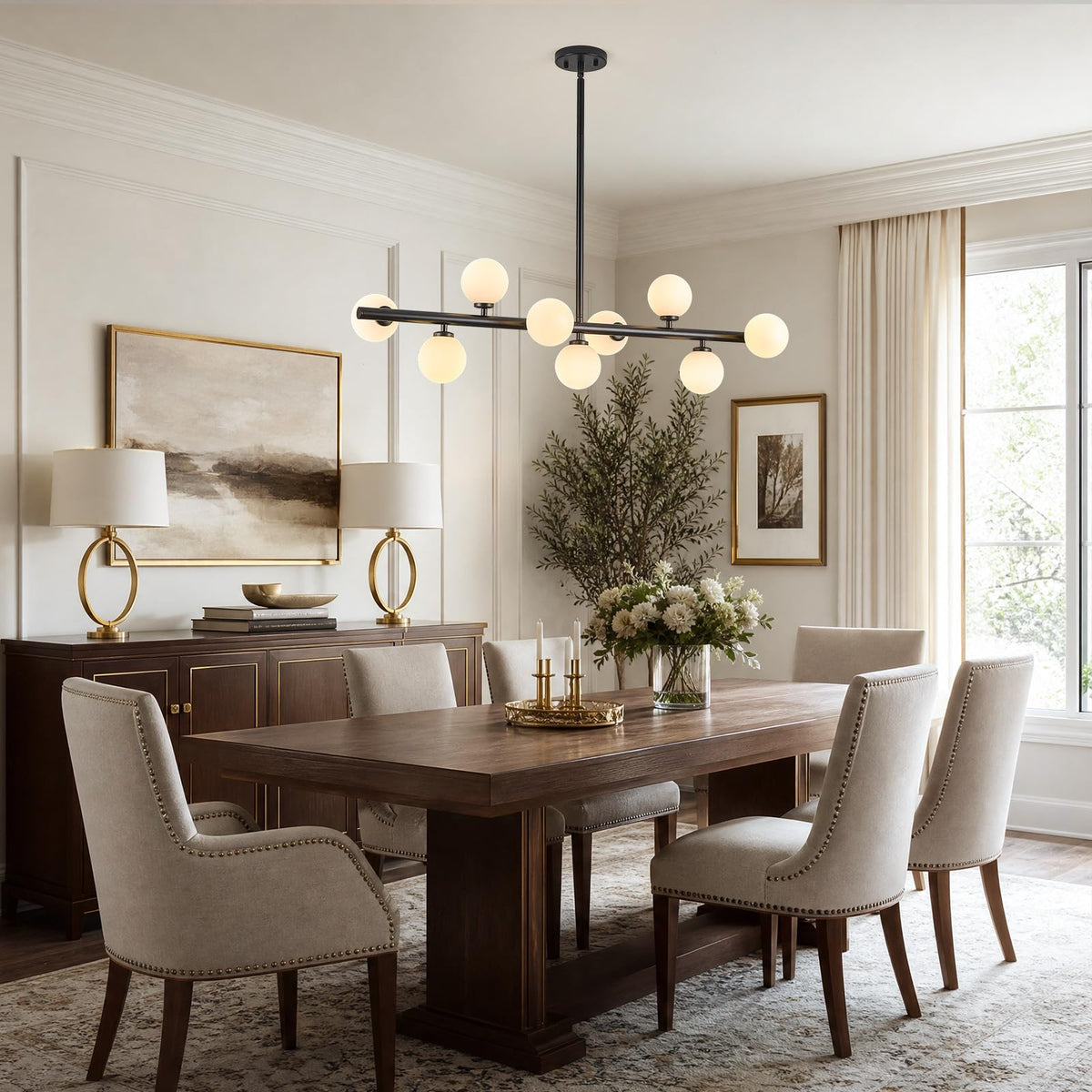 Linear Sputnik Dining Chandelier (Black + White / 9-Light 40 Inch)