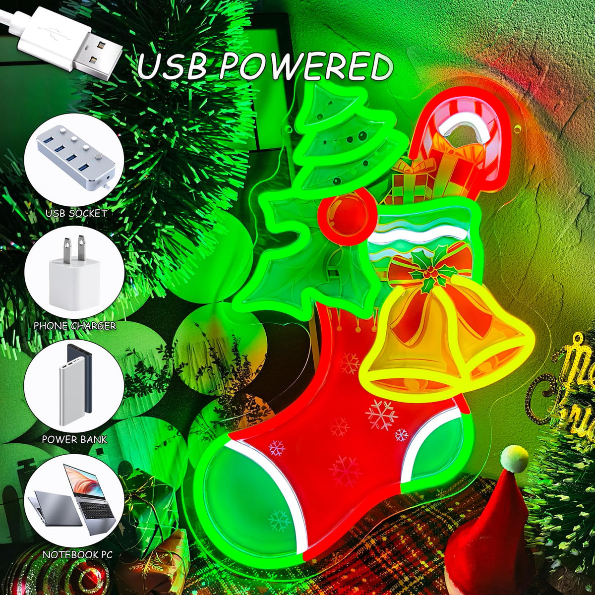Christmas Stocking Neon Sign Dimmable Christmas Bell Tree LED Neon Light (SDWLD)