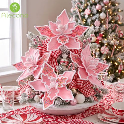 12 PCS 13in Pink Candy Cane Poinsettia Artificial Christmas Flowers (Pink Candy)