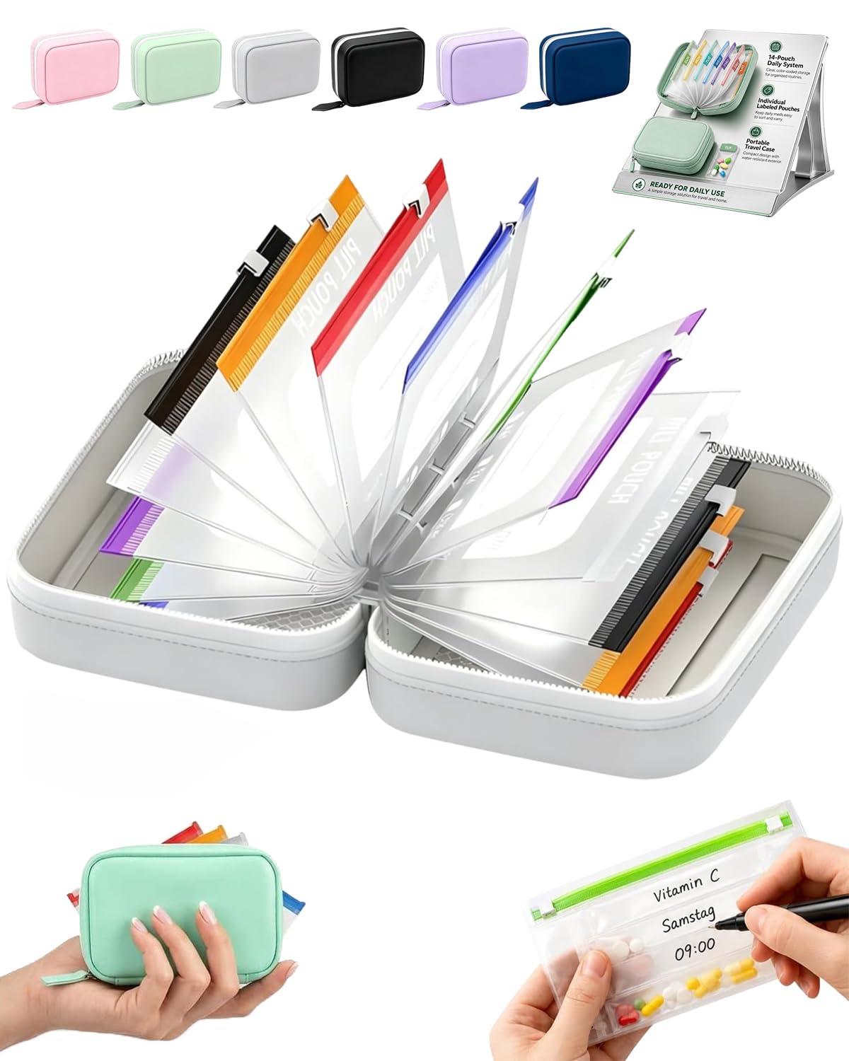 Waterproof Pill Organizer Pill Pouches for Travel 14 PCS Zippered Bags (White)