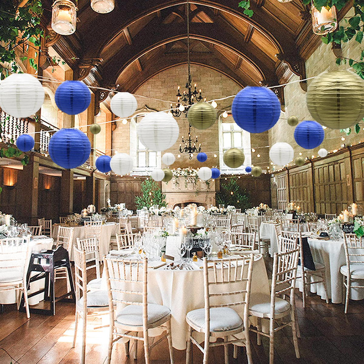 Paper Lanterns Party Decorations Navy Blue Gold (Blue-White-Gold)