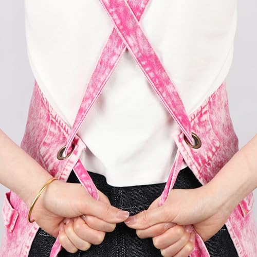Denim Apron with Pockets and Adjustable Cross Straps for Hair Stylist Salon Nail Tech Barber Women Jean Aprons (Pink)