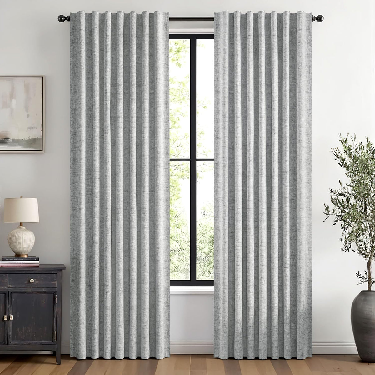 100% Blackout Linen Curtains for Bedroom 42 x 63 Inch Grey 2 Panels (Grey / 42"W x 63"L (Pack of 2))
