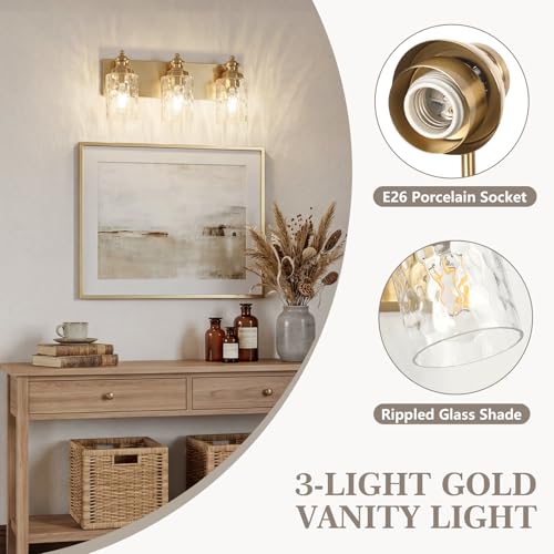 3 Light Bathroom Light Fixtures with Water Ripple Glass (Gold / 3-light)