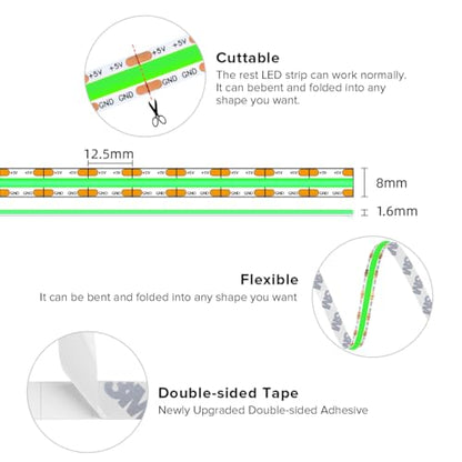 FCOB COB LED Strip Lights 5V USB Powered Green Color for TV (Green / 9.8FT)
