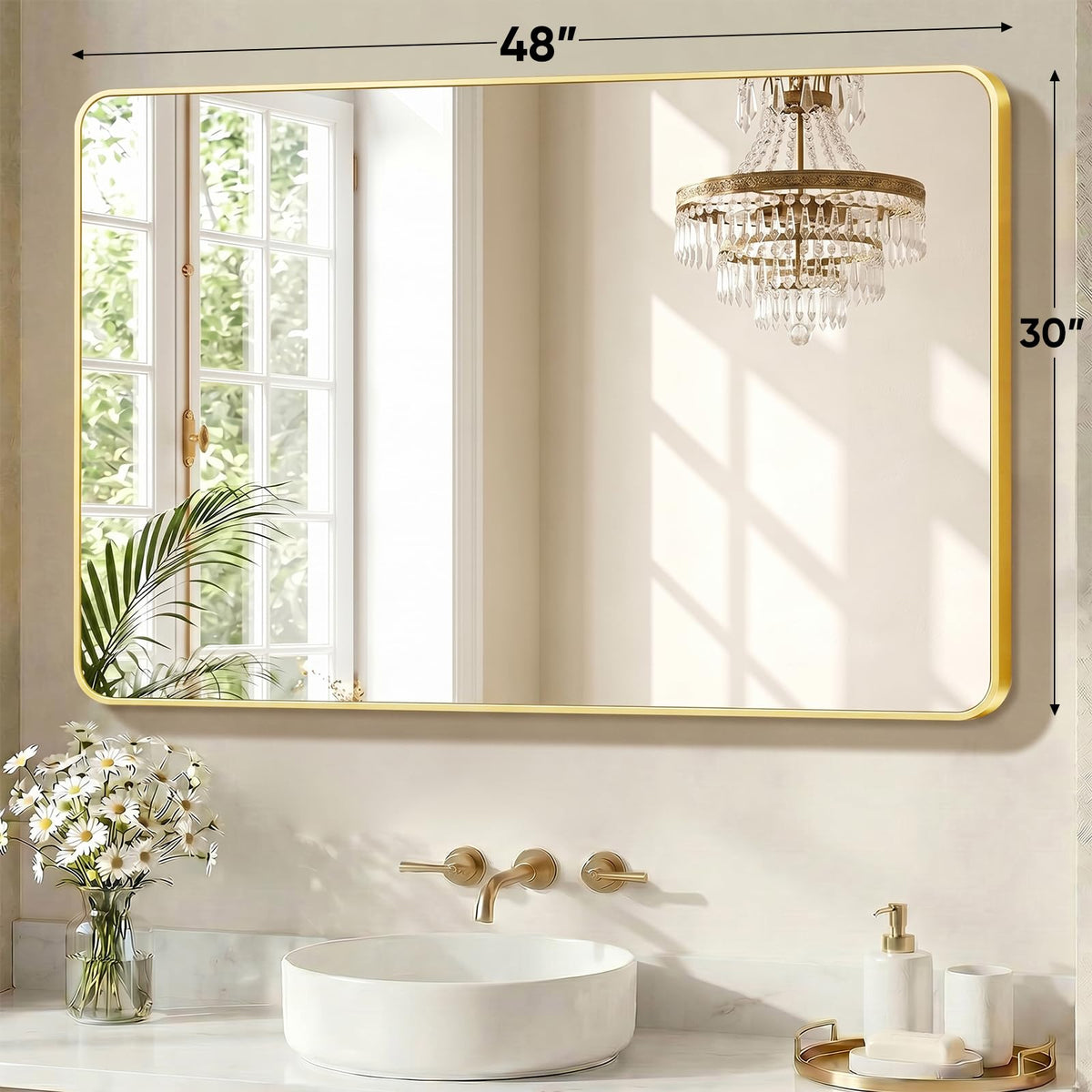 Bathroom Mirror (Gold-round Corner / 30"L x 48"W)