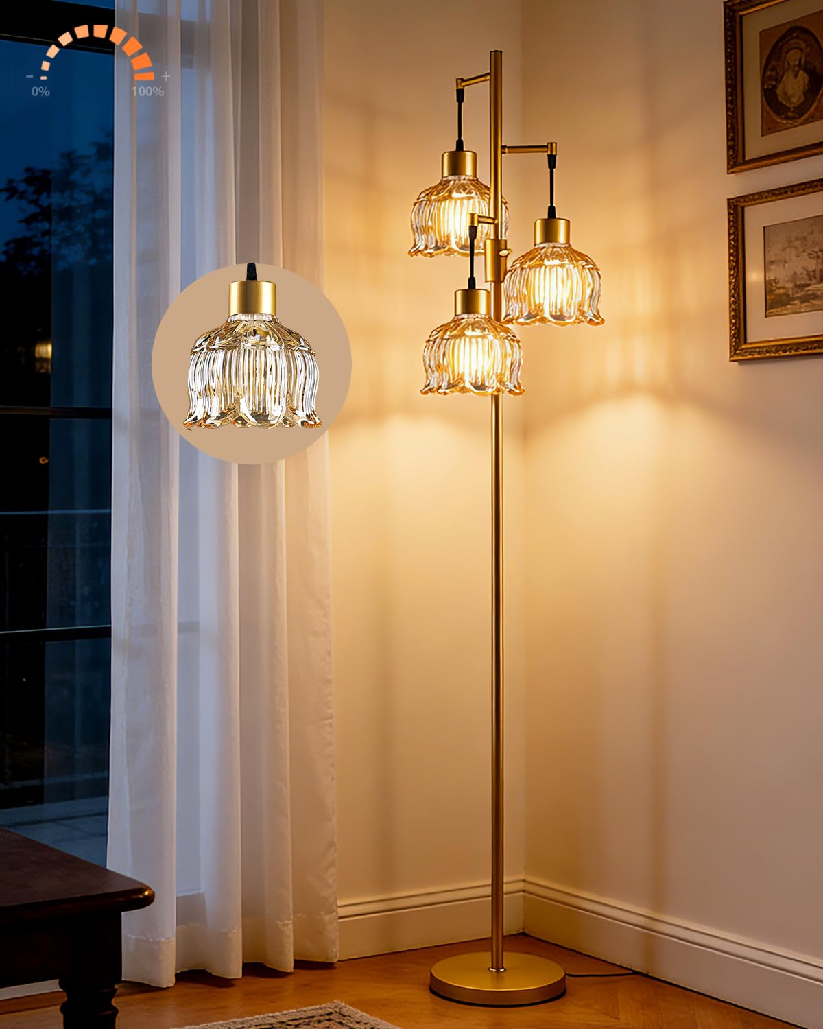 Amber Glass Floor Lamp Dimmable with LED Bulbs & Flower Shade (Amber-86I)