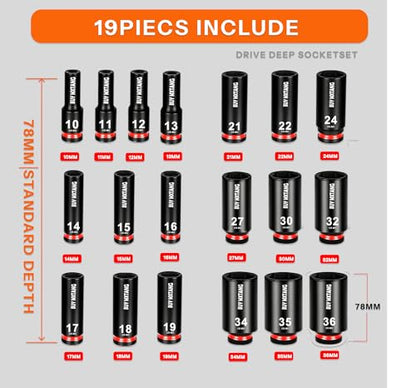 19pcs 1 2" Metric Impact Socket