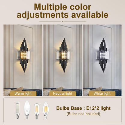 Black Crystal Wall Sconce set of 2 Mid Century Modern Vanity Bathroom Light (Black Rectangle-2P)