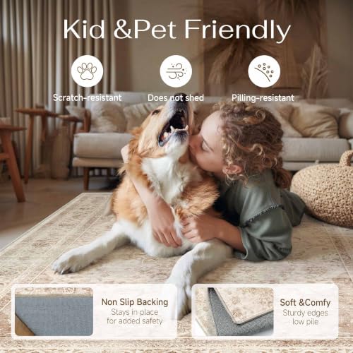 6x9 Beige Washable Area Rug Non Slip Vintage Carpet (Vintage | Beige / 6' x 9' (Rectangular))