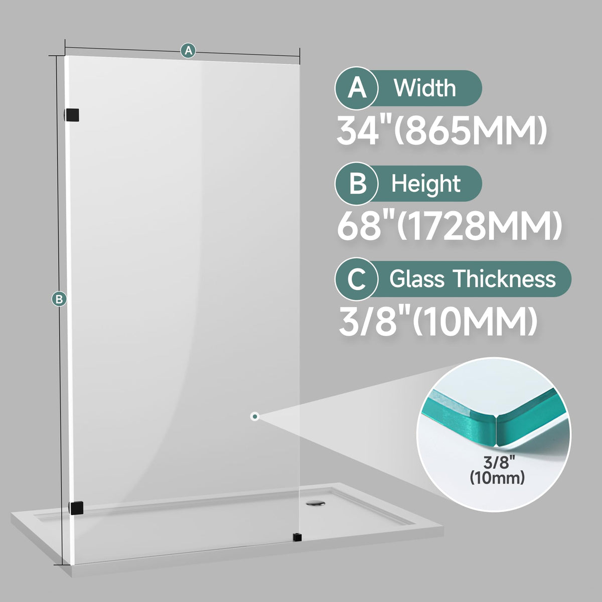 Glass Shower Panel 34" W x 68" H (Matte Black - Clear / 34"W x 68"H - 10mm)