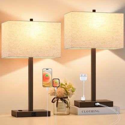 21" Set of 2 Touch Control Table Lamps with 2 USB & AC Outlets