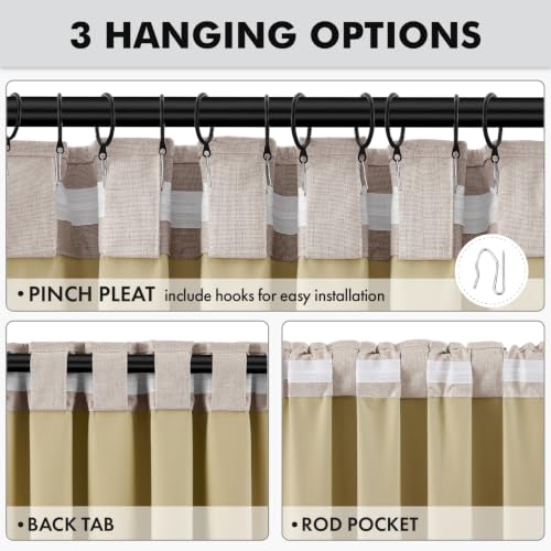100% Blackout Linen Curtains for Bedroom 42 x 63 Inch Khaki 2 Panels (Khaki / 42"W x 63"L (Pack of 2))