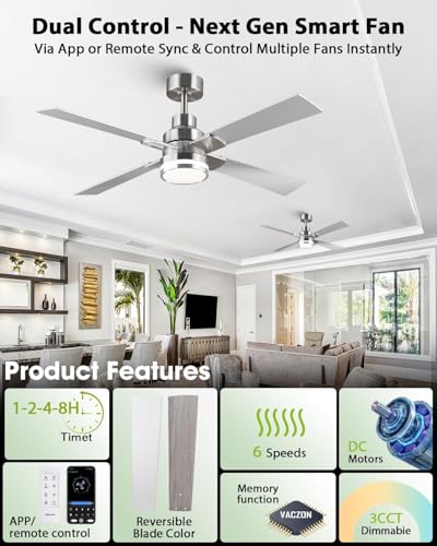 52 Inch Nickel Ceiling Fans with Lights and Remote