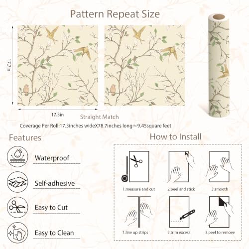 Peel and Stick Wallpaper Floral Birds Contact Paper Removable Self