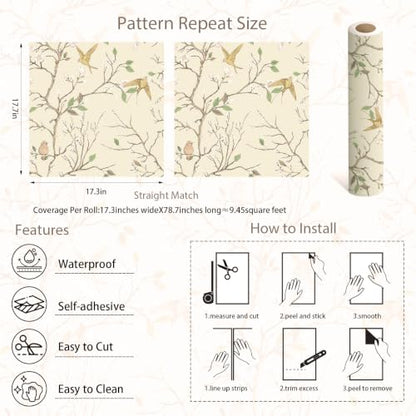 Peel and Stick Wallpaper Floral Birds Contact Paper Removable Self
