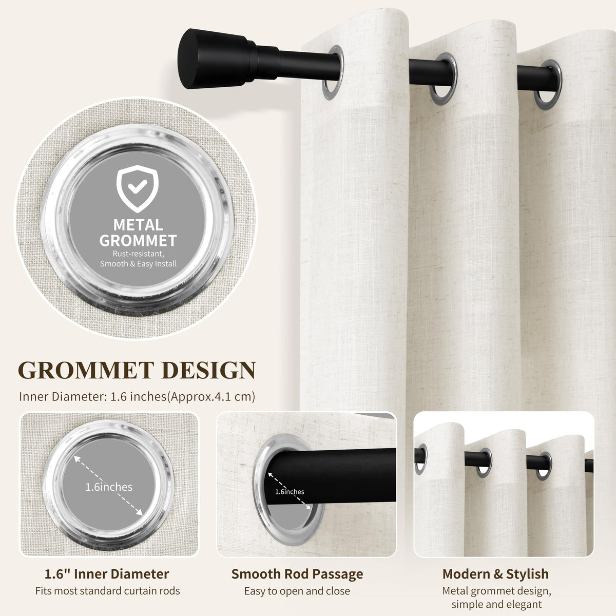 Natural Grommet Linen Curtains 144 Inches Long for Living Room (Natural / 52"W x 144"L (Pack of 2))