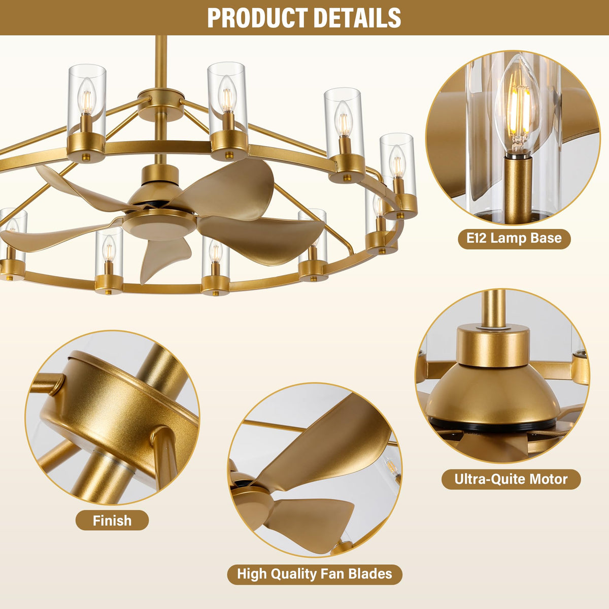 44" Wagon Wheel Chandelier Ceiling Fan with 12 Lights (Gold)