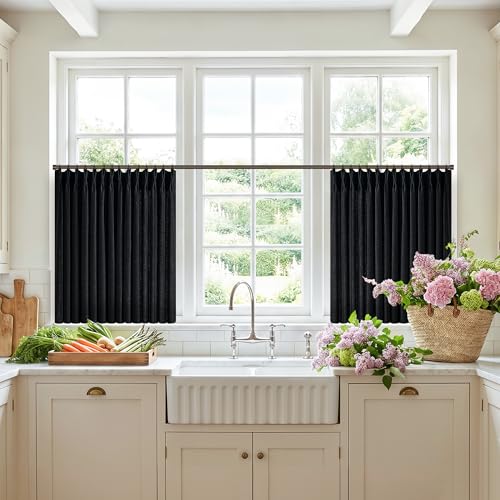 Short Black Light Filtering Pinch Pleated Cafe Curtains 24 Inches Long (Black / 40"W x 24"L (Pack of 2))