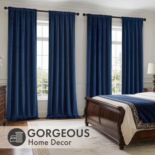 Navy Blue Velvet Curtains 4 Panel Set Back Tab 40 x 120 Inch Long (Navy Blue / 40"W x 120"L (Pack of 4))