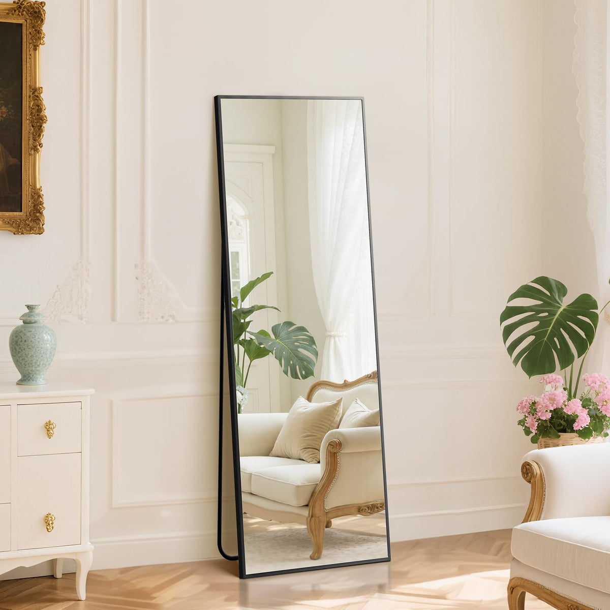 16"x59" Full Length Mirror with Stand (Black-rect Edge / 59"L x 16"W)