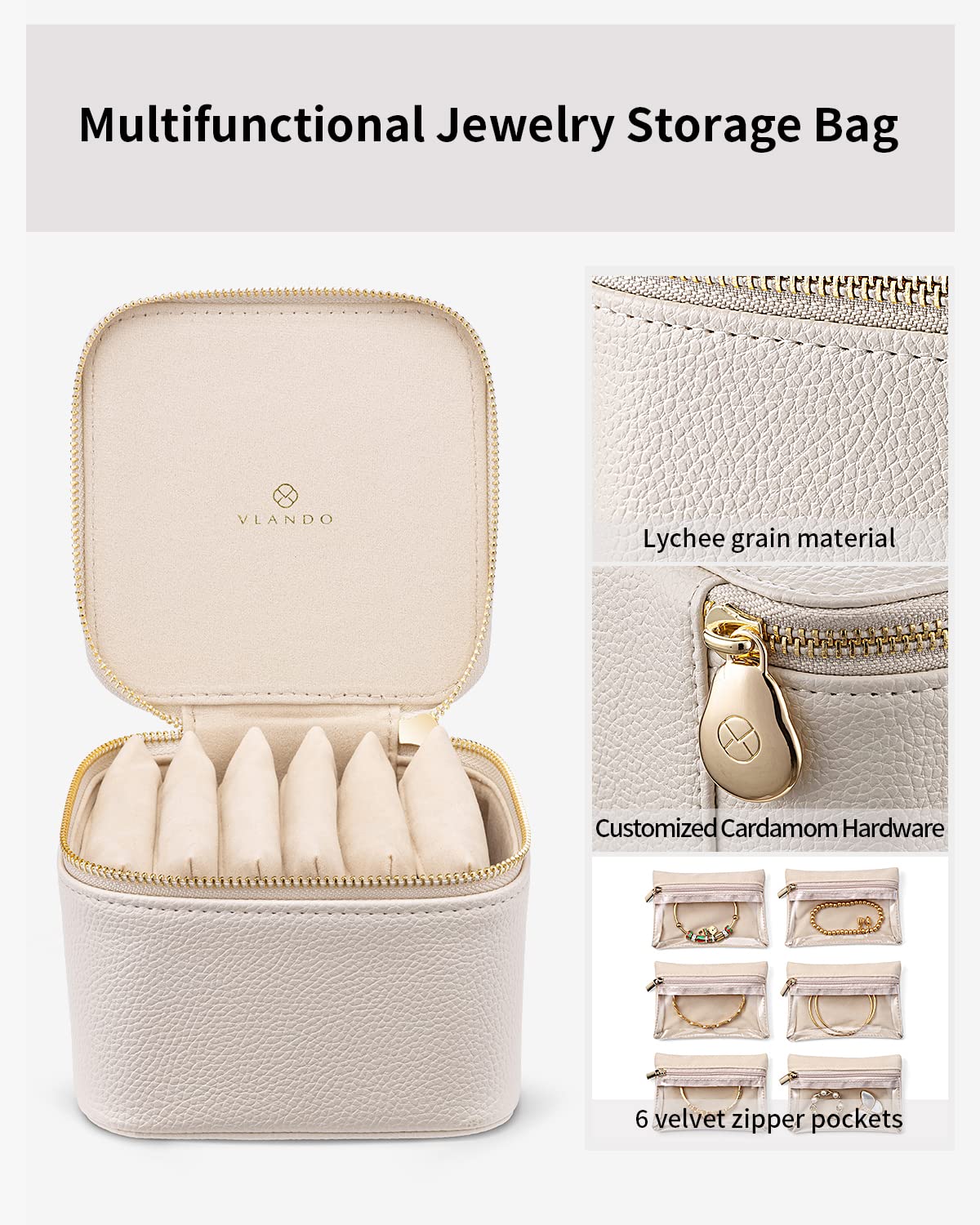 Jewelry Travel Case with 6 Clear Velvet Zipper Pouches (B.6 PCS White)